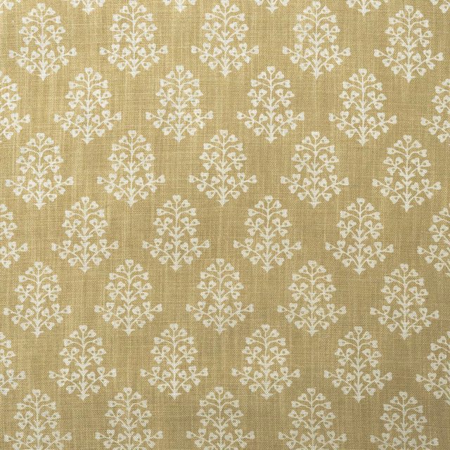 Honey-gold woven fabric with repeated ivory damask sprigs and fine crosshatched texture
