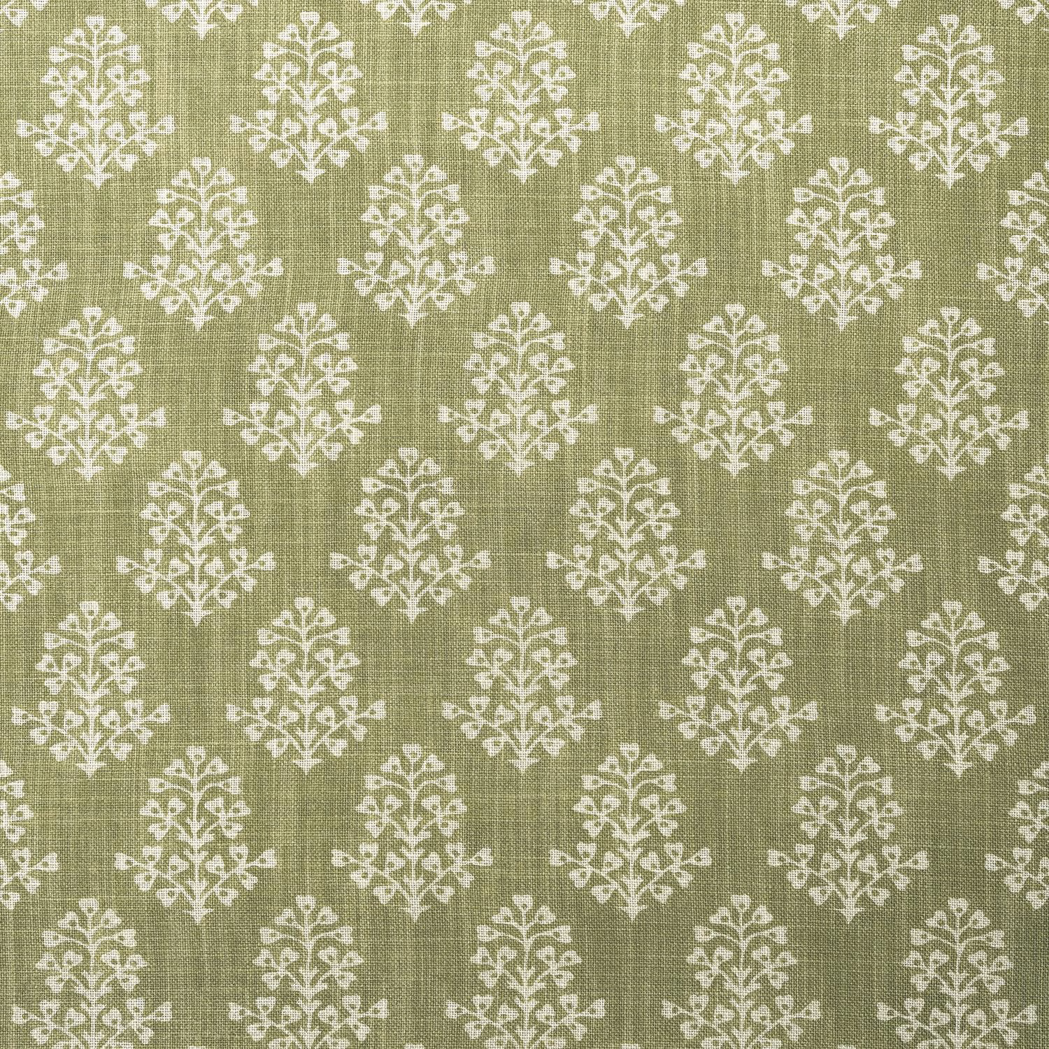 Muted sage-olive woven fabric with repeating cream botanical sprig motifs