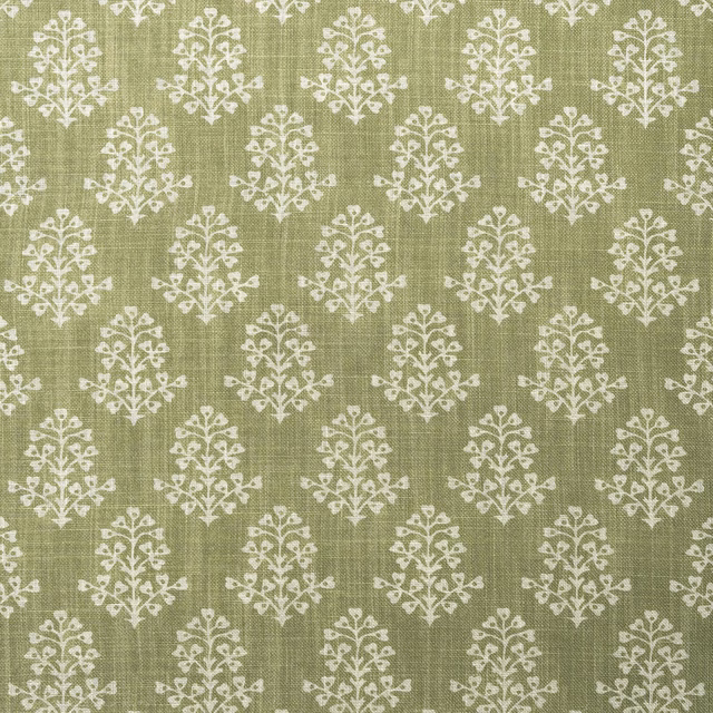 Muted sage-olive woven fabric with repeating cream botanical sprig motifs
