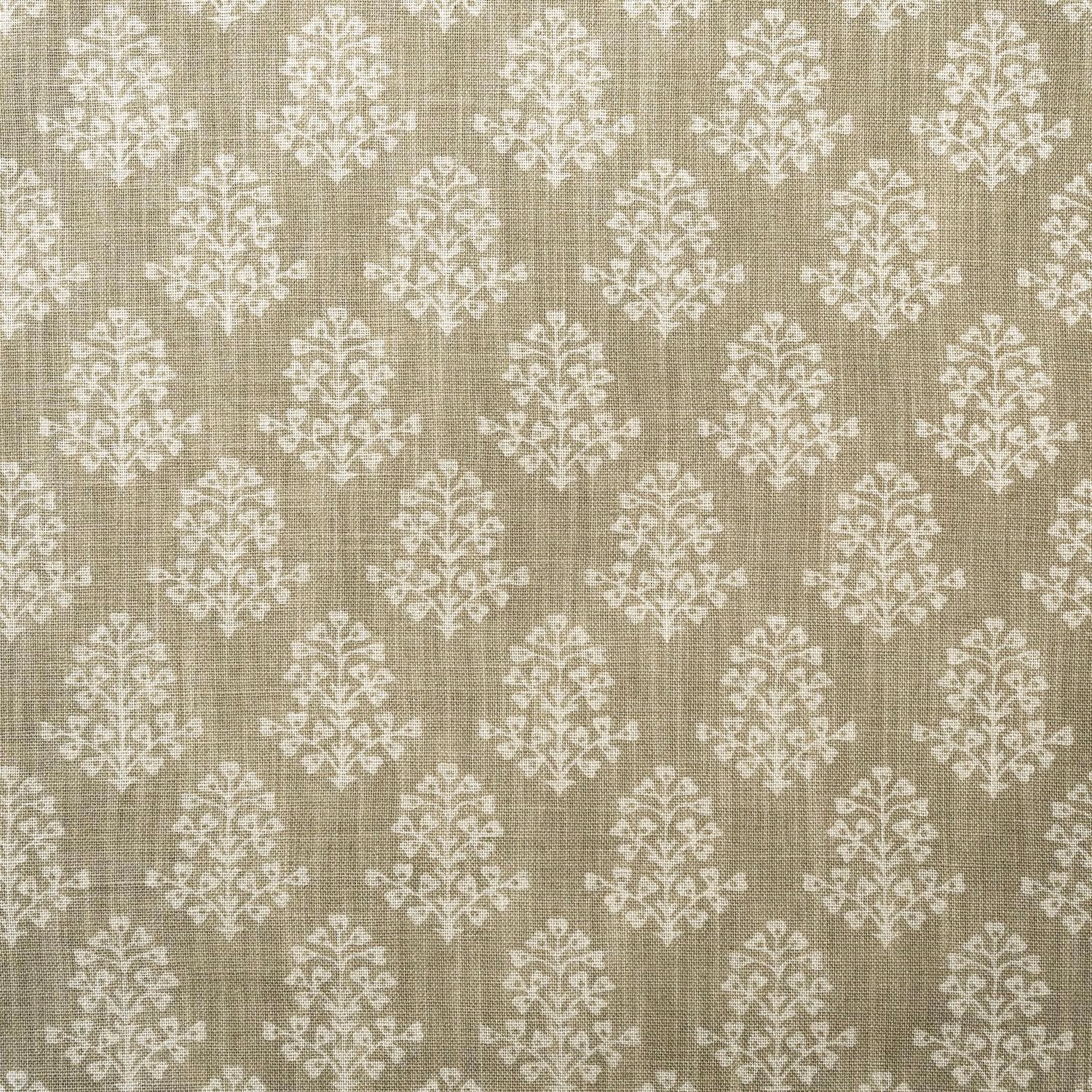 Muted stone taupe fabric with repeating ivory botanical sprigs and fine vertical woven texture