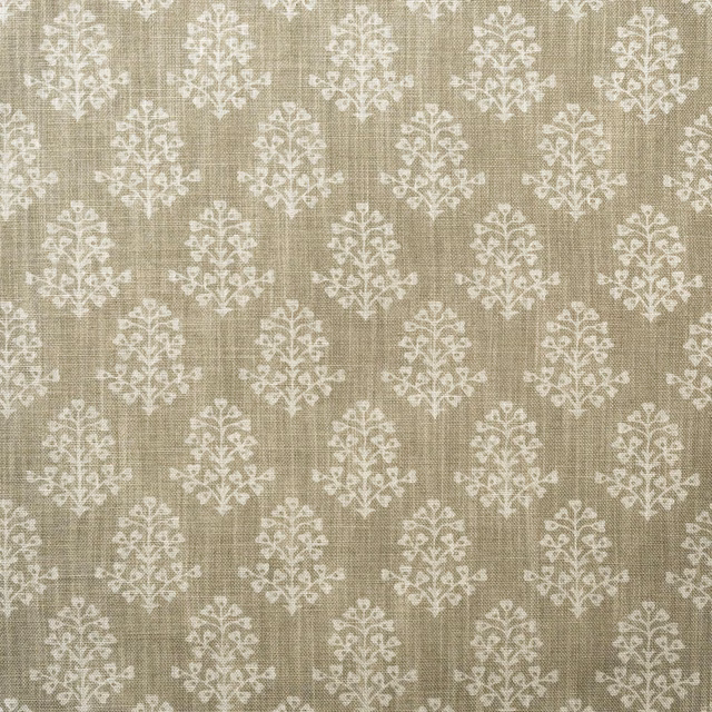 Muted stone taupe fabric with repeating ivory botanical sprigs and fine vertical woven texture