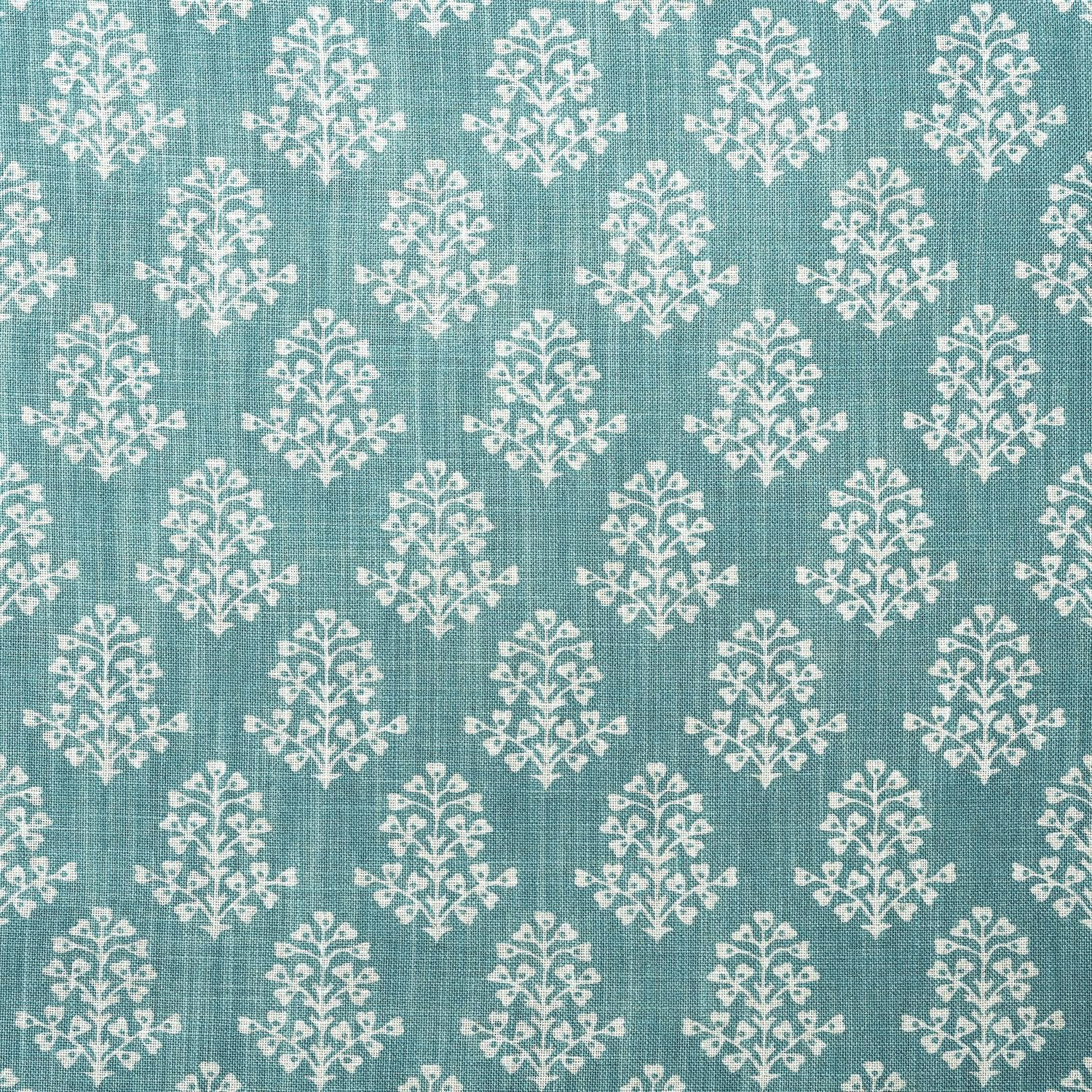 Muted turquoise woven fabric with repeating ivory floral sprigs and fine crosshatch texture