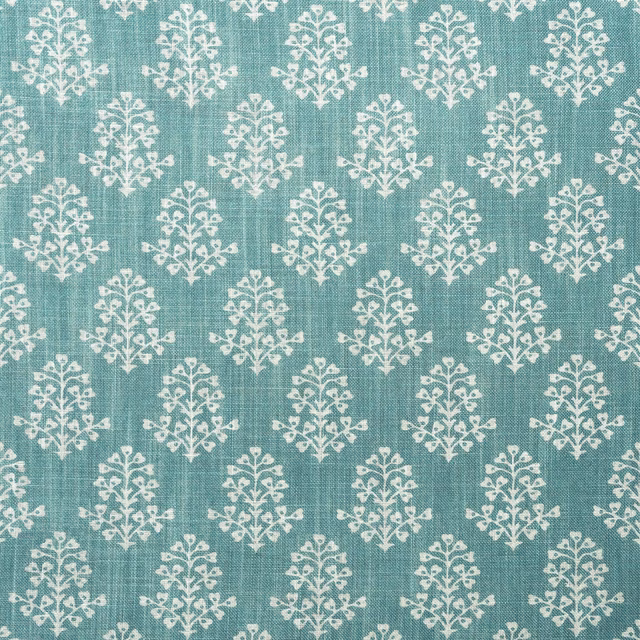Muted turquoise woven fabric with repeating ivory floral sprigs and fine crosshatch texture