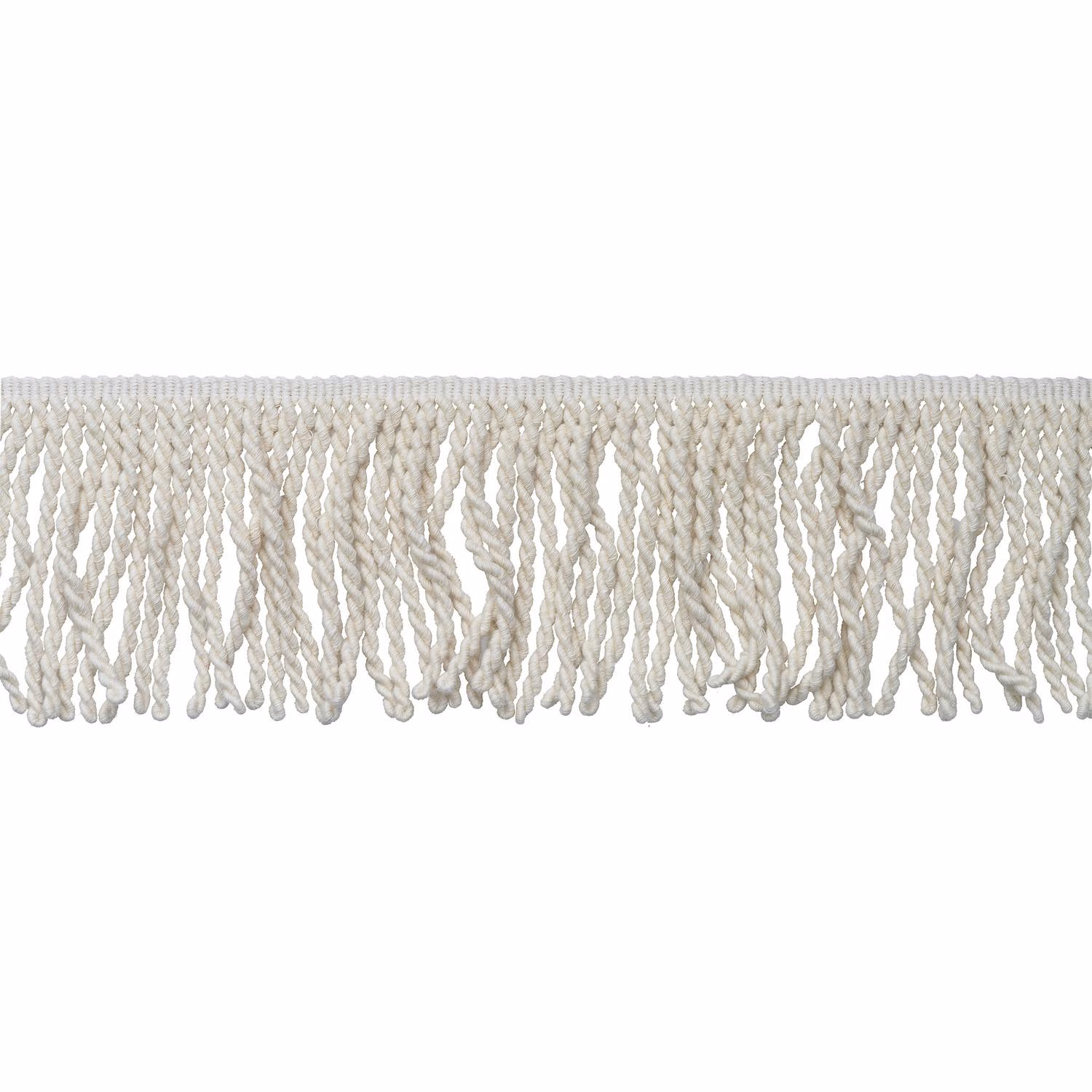 Pale ivory twisted cord fringe trim with an irregular textured edge
