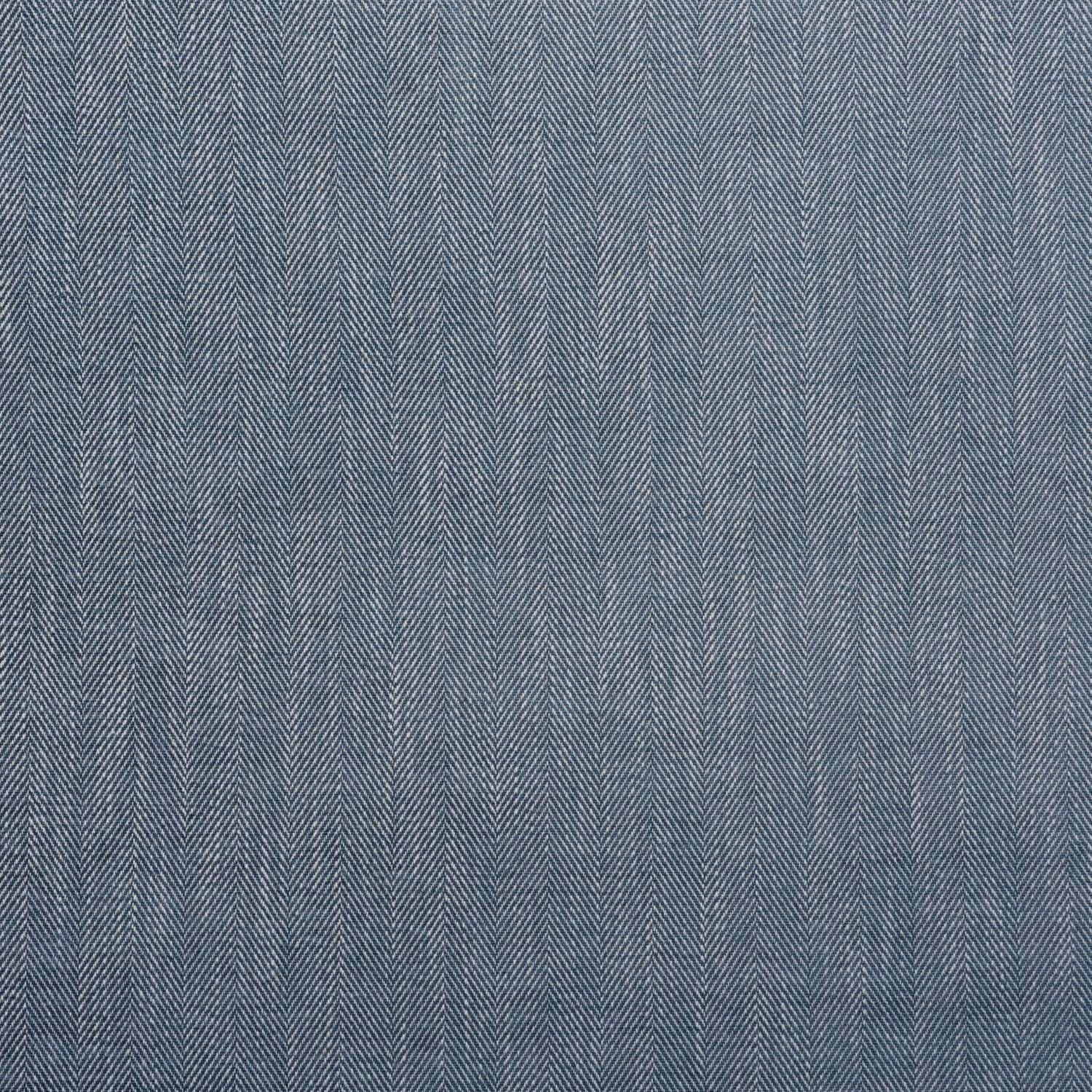 Muted denim-blue fabric with fine vertical herringbone weave and subtle slate-grey tonal variation