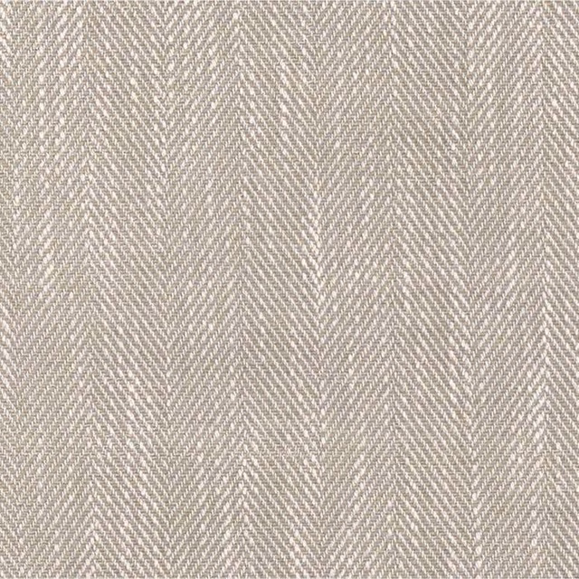 Close-up of warm ivory fabric with a fine taupe-grey herringbone weave