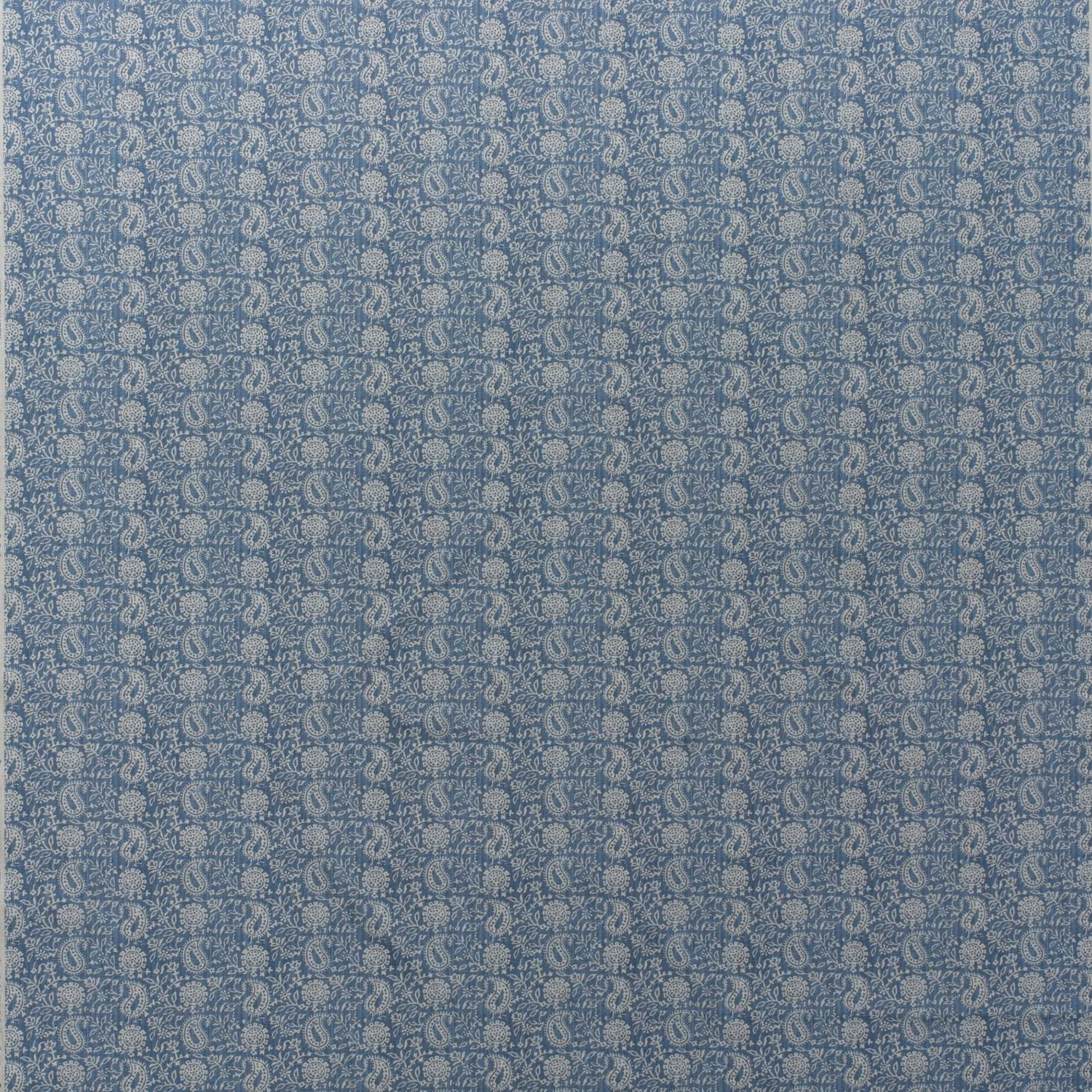 Muted denim-blue cotton print with tiny cream paisleys and sunflower-yellow flecks