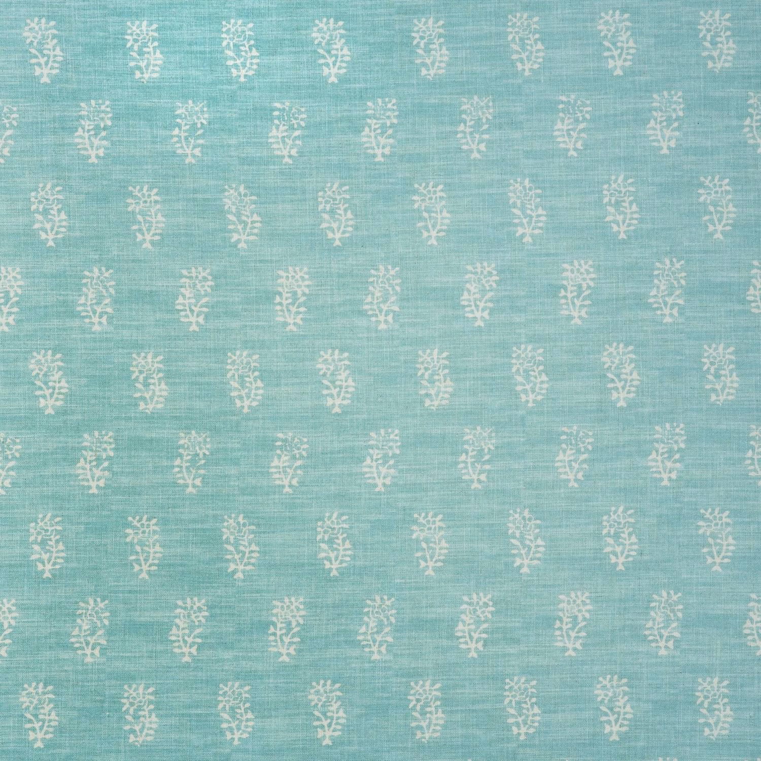Pale aqua-teal woven fabric with ivory botanical sprigs and subtle horizontal slubs