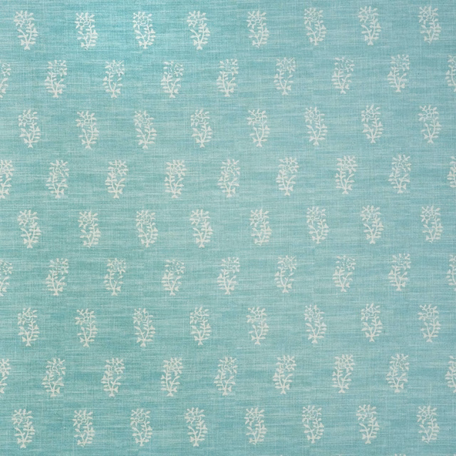 Pale aqua-teal woven fabric with ivory botanical sprigs and subtle horizontal slubs
