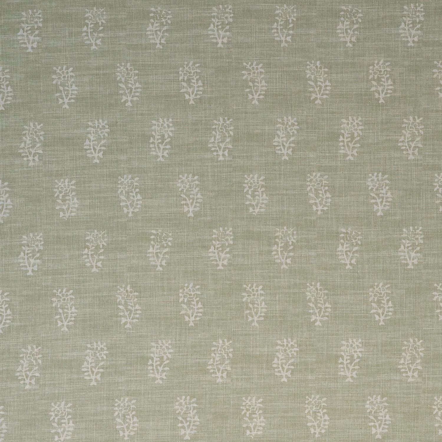 Muted sage-green woven ground with repeating ivory botanical sprigs and fine slub texture