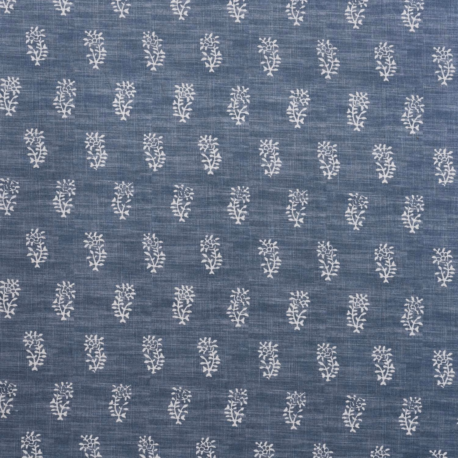 Blue-grey linen-look fabric with evenly spaced ivory botanical sprigs