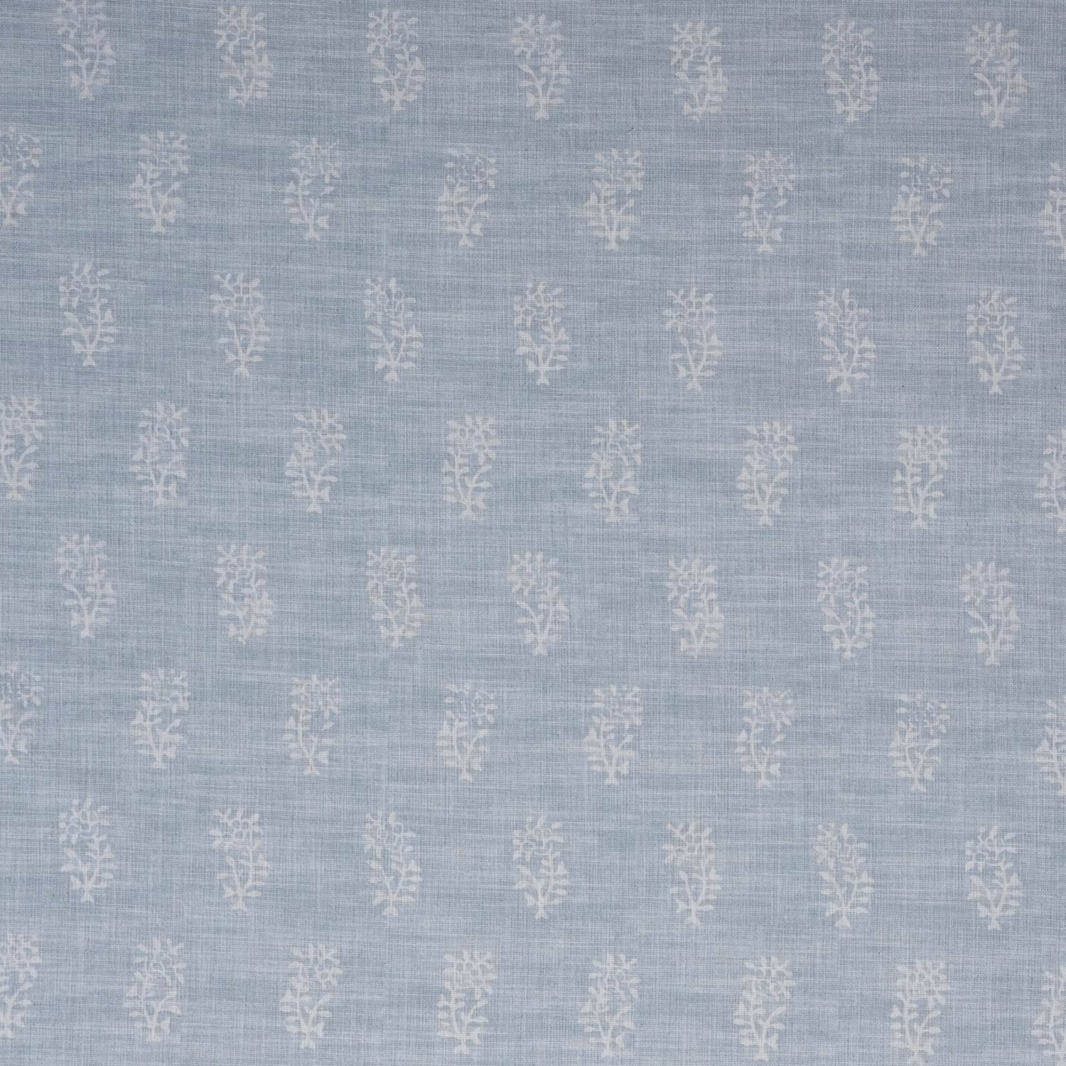 Pale sky-blue woven fabric with repeated ivory thyme sprigs and subtle crosshatch texture