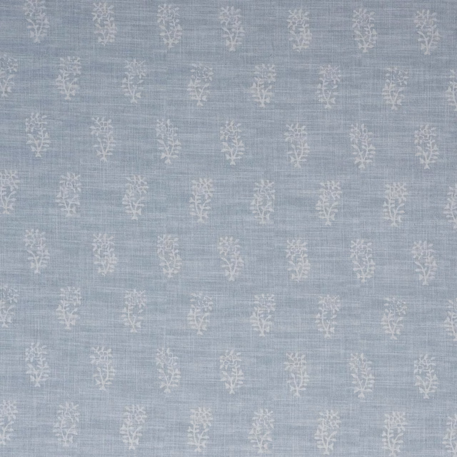 Pale sky-blue woven fabric with repeated ivory thyme sprigs and subtle crosshatch texture