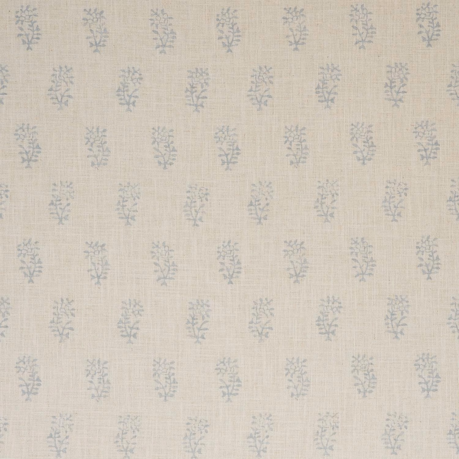 Pale beige woven fabric with repeated muted sage-blue botanical sprigs