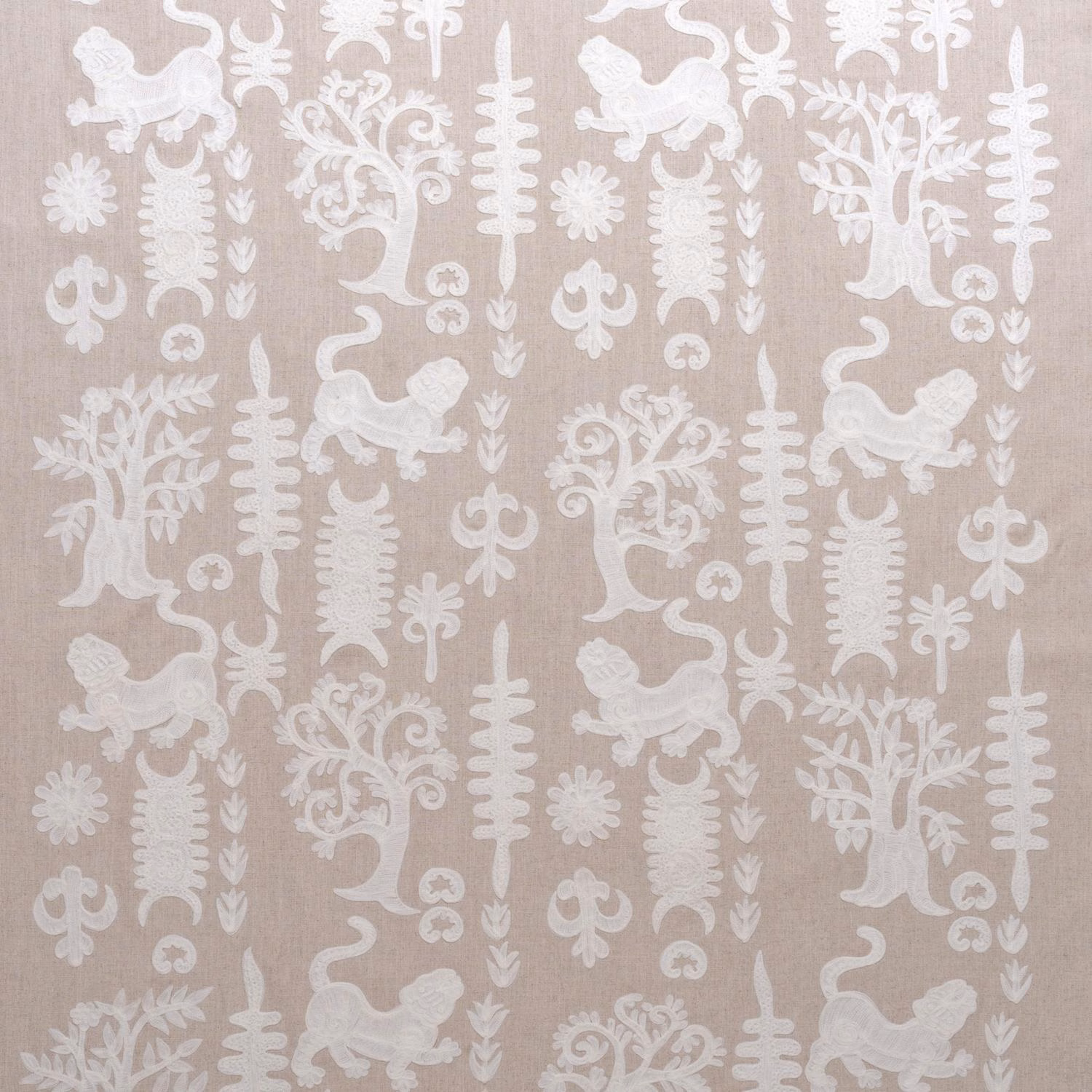 Ivory embroidered tigers and botanicals on a soft taupe woven fabric ground