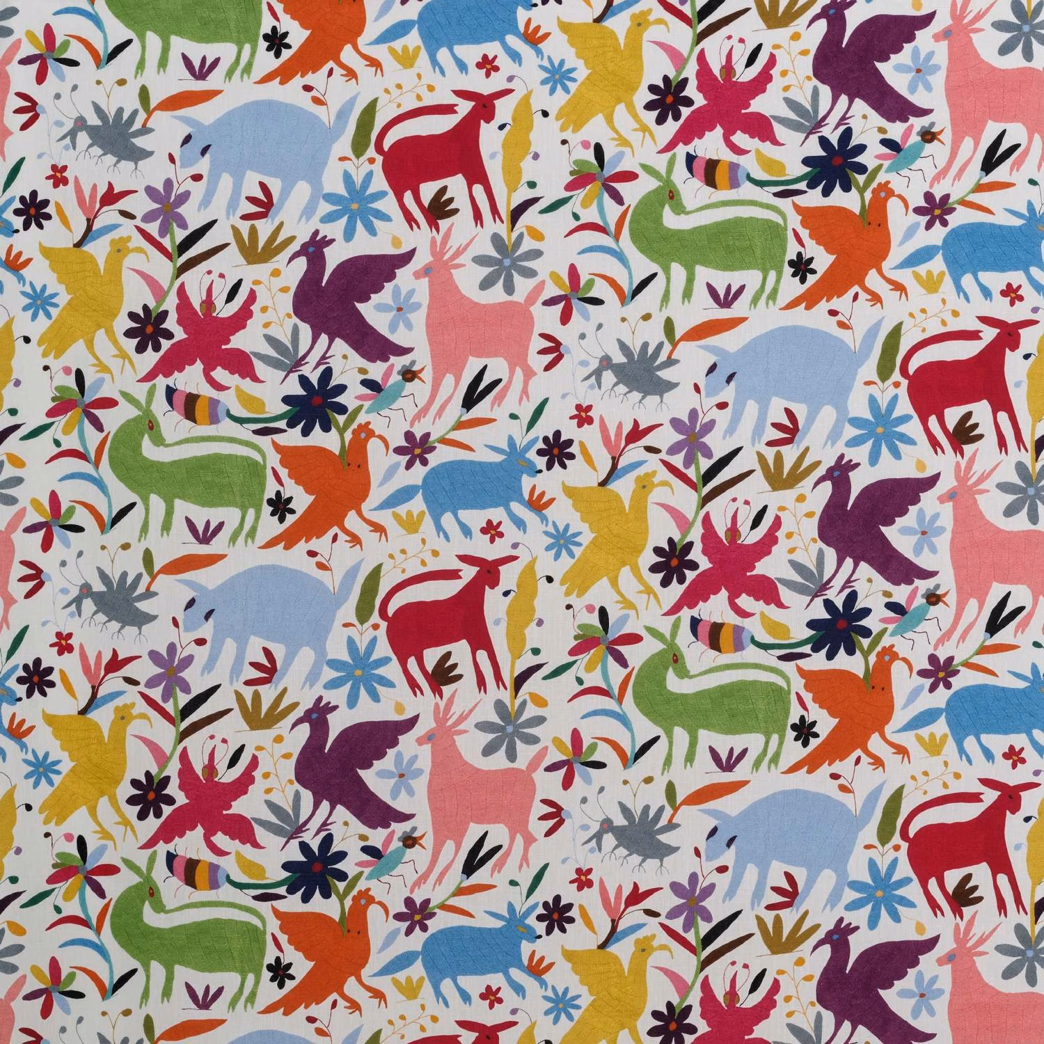 Pale ivory fabric with coral, blue, plum animals and scattered multicoloured flowers