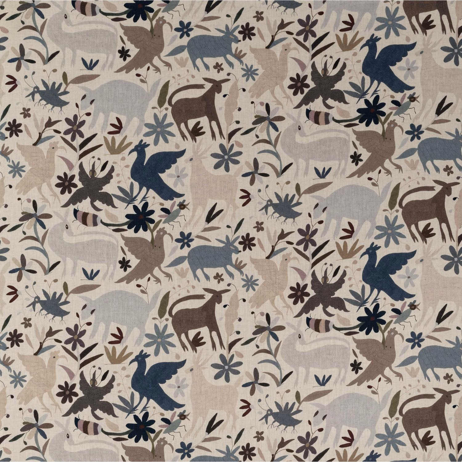 Warm beige Tiki Tiki fabric with blue birds, deer, flowers and leafy motifs