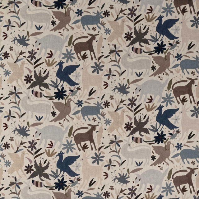 Warm beige Tiki Tiki fabric with blue birds, deer, flowers and leafy motifs