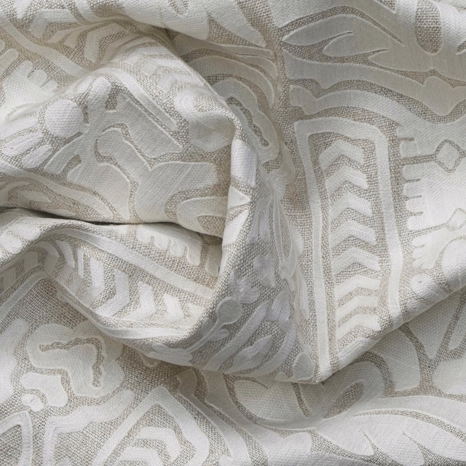 Ivory woven fabric with taupe-grey geometric arches, zigzags and organic linework