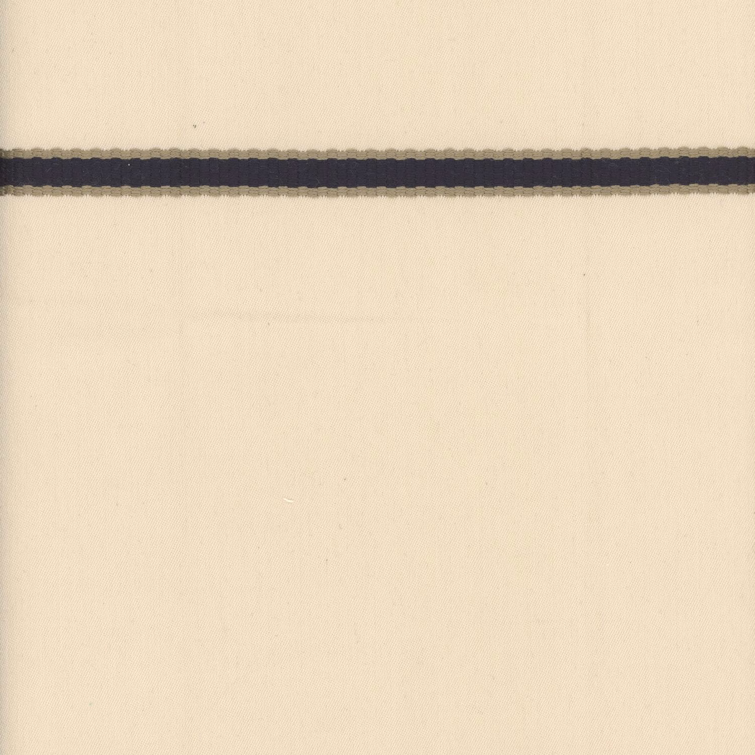 Ivory woven fabric with a single dark blue horizontal stripe
