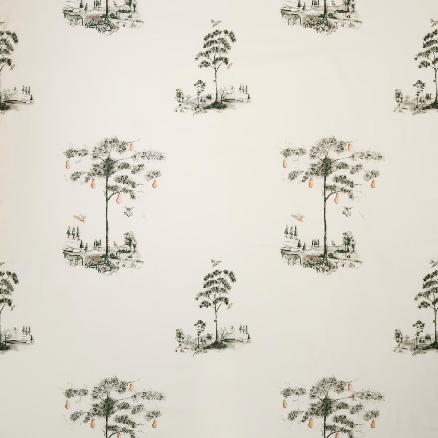 Ivory textile with cool charcoal tree scenes and muted blush accents