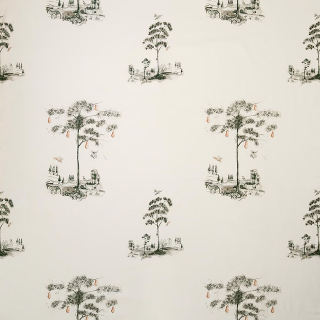 Ivory textile with cool charcoal tree scenes and muted blush accents