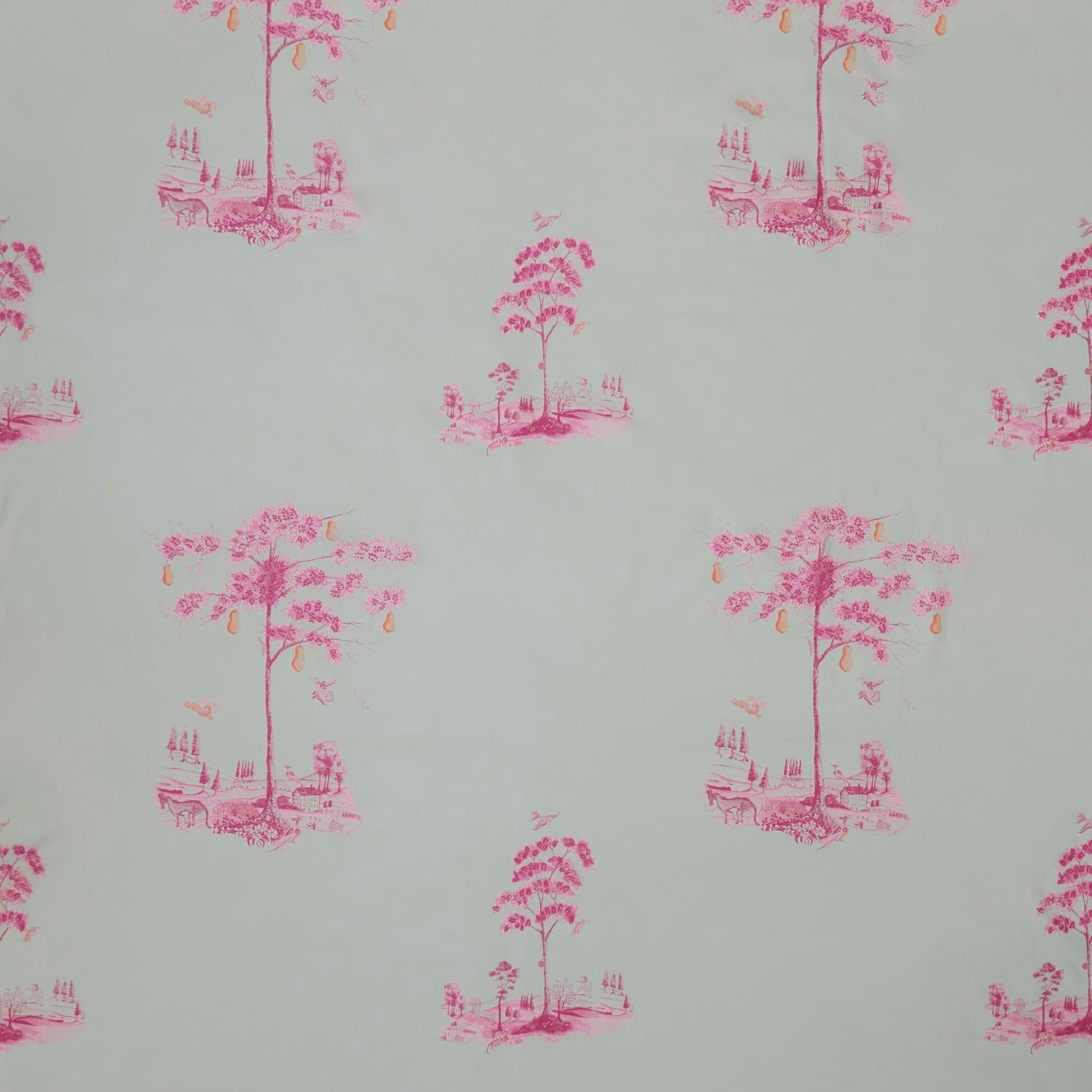 Pale grey fabric with repeated hot pink tree and landscape vignettes
