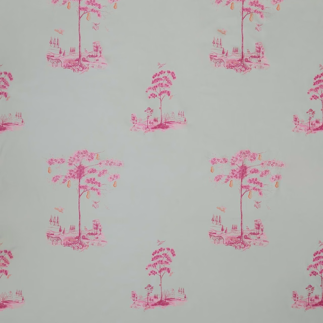 Pale grey fabric with repeated hot pink tree and landscape vignettes