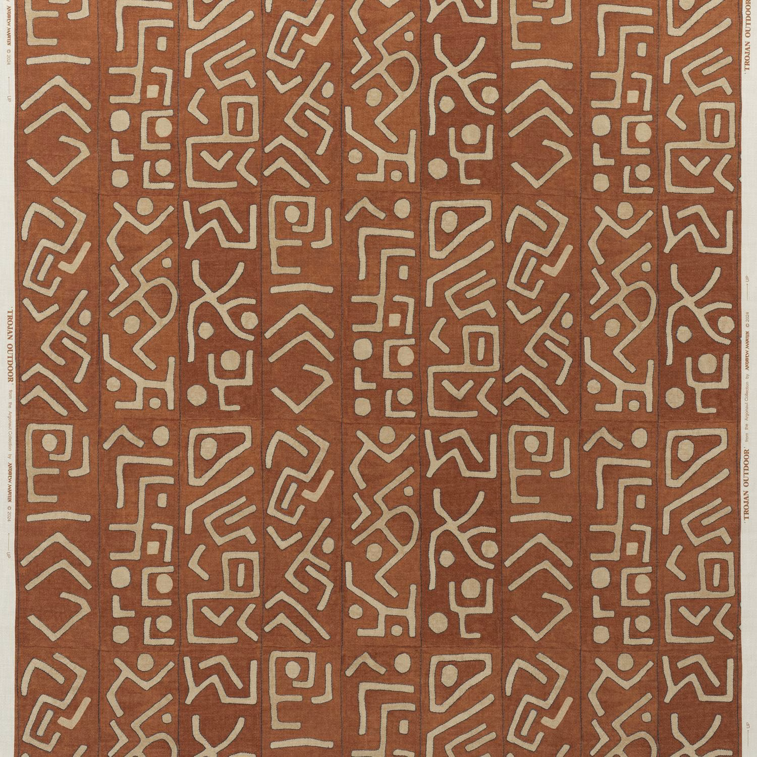 Brick terracotta outdoor fabric with chalk maze-like geometric motifs and subtle texture