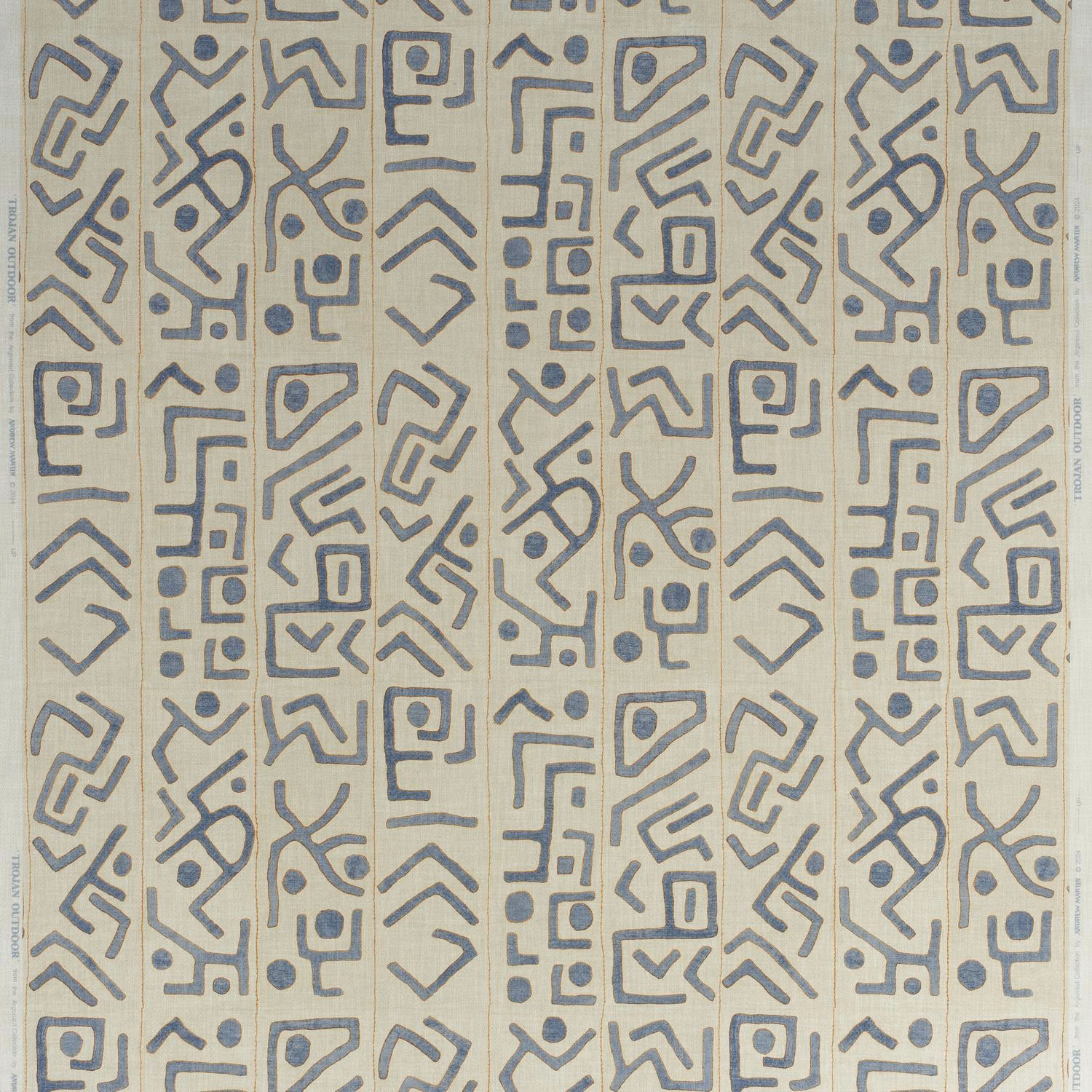 Stone-beige outdoor textile with vertical denim-blue geometric motifs and fine woven texture