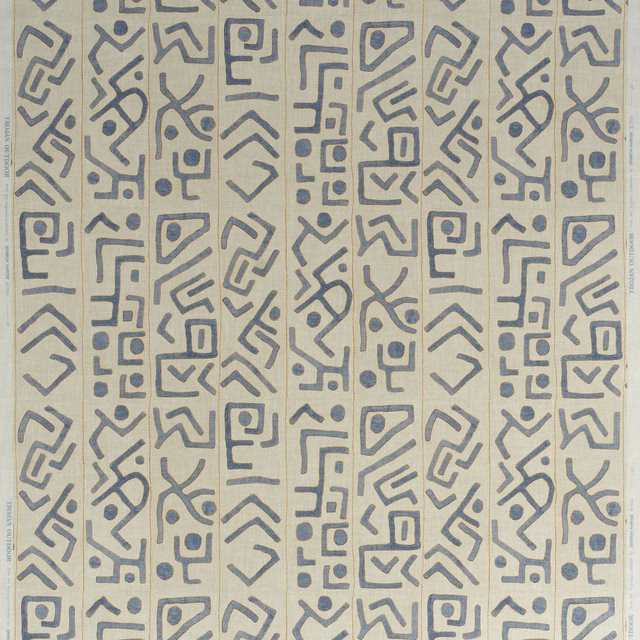 Stone-beige outdoor textile with vertical denim-blue geometric motifs and fine woven texture