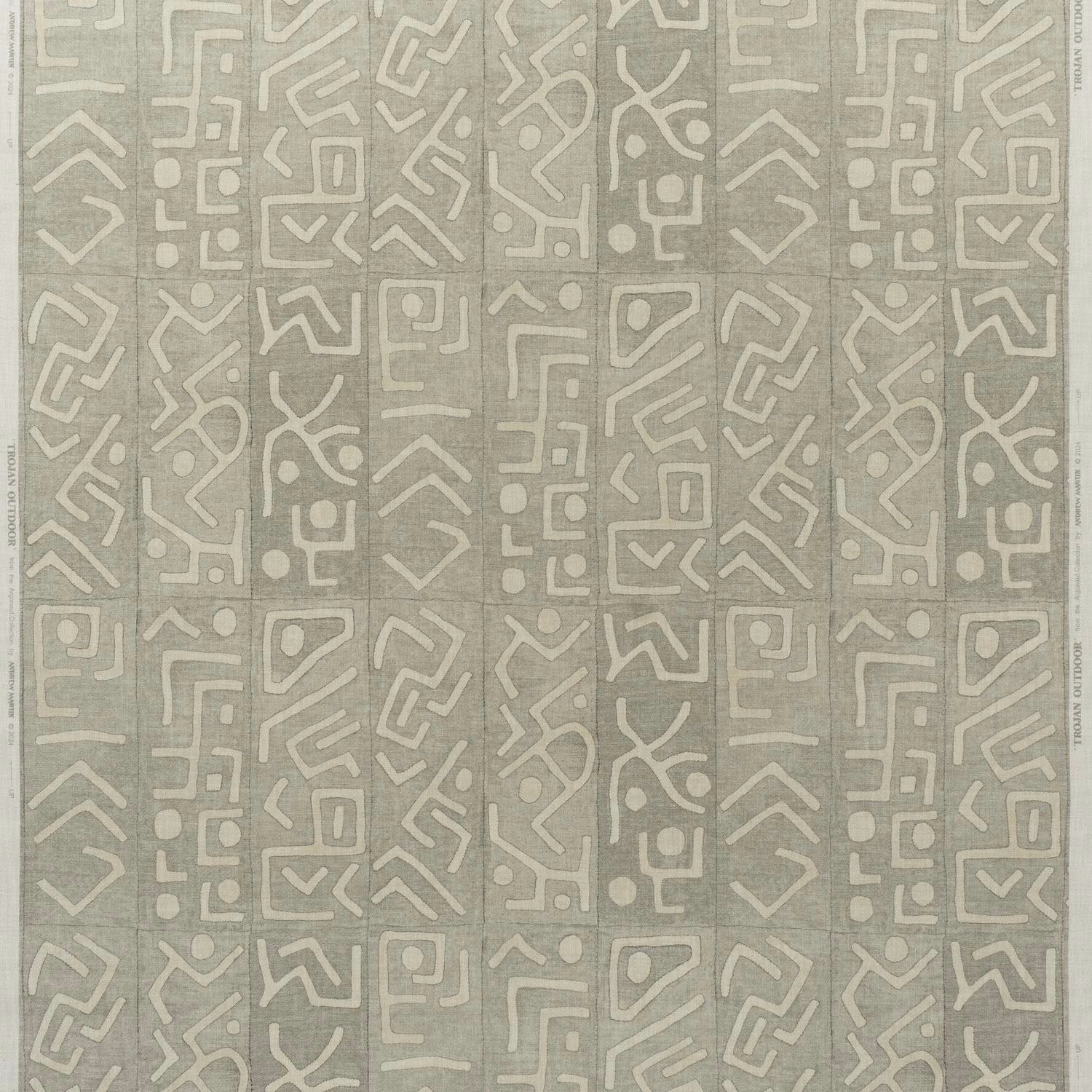 Muted sage-grey outdoor fabric with pale maze-like geometric lines and a softly textured ground