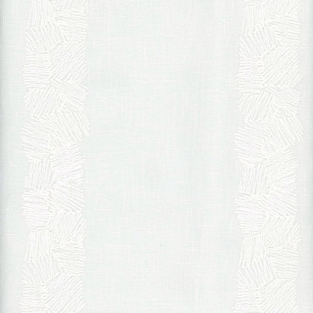 Pale ecru fabric with white feathery linear bands and a fine woven texture