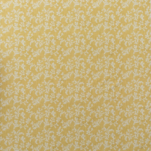 Muted barley-yellow cotton print with delicate cream floral vines and fine vertical texture