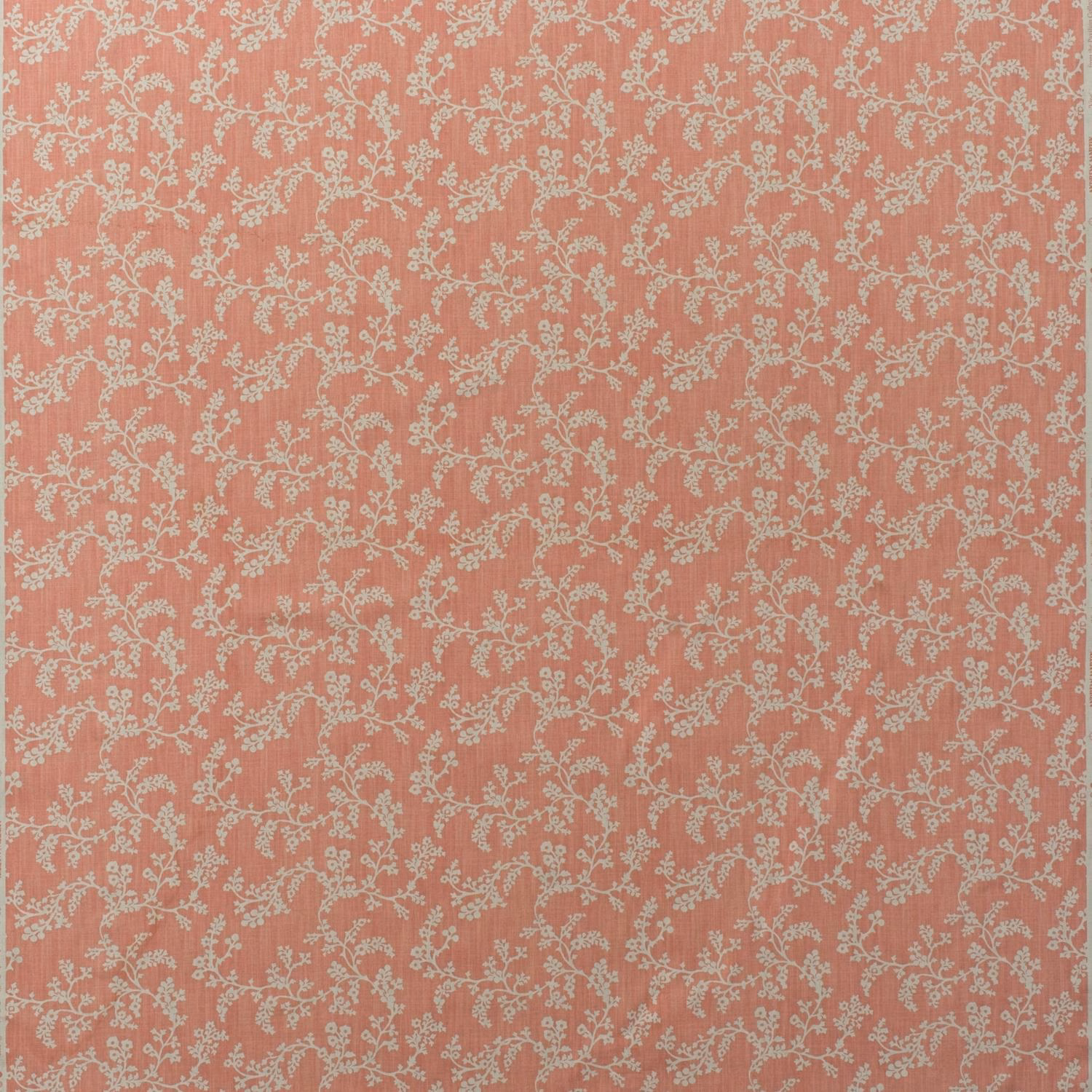 Muted coral cotton ground with delicate pale floral vines in a dense repeat