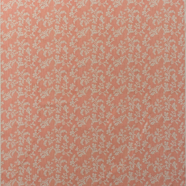 Muted coral cotton ground with delicate pale floral vines in a dense repeat