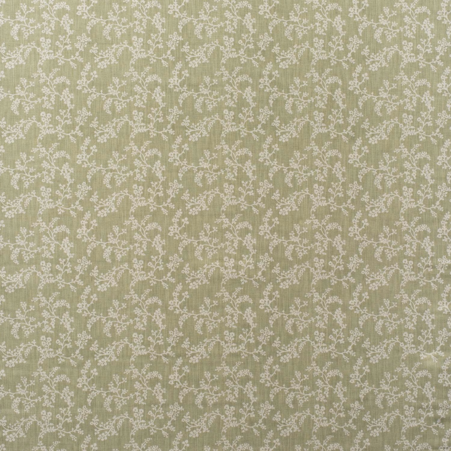 Soft fennel-green cotton with dense cream floral vines and a subtle vertical weave