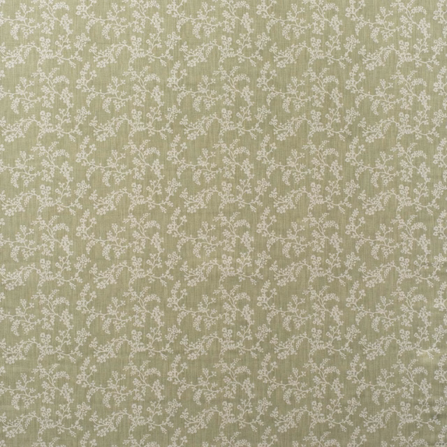 Soft fennel-green cotton with dense cream floral vines and a subtle vertical weave