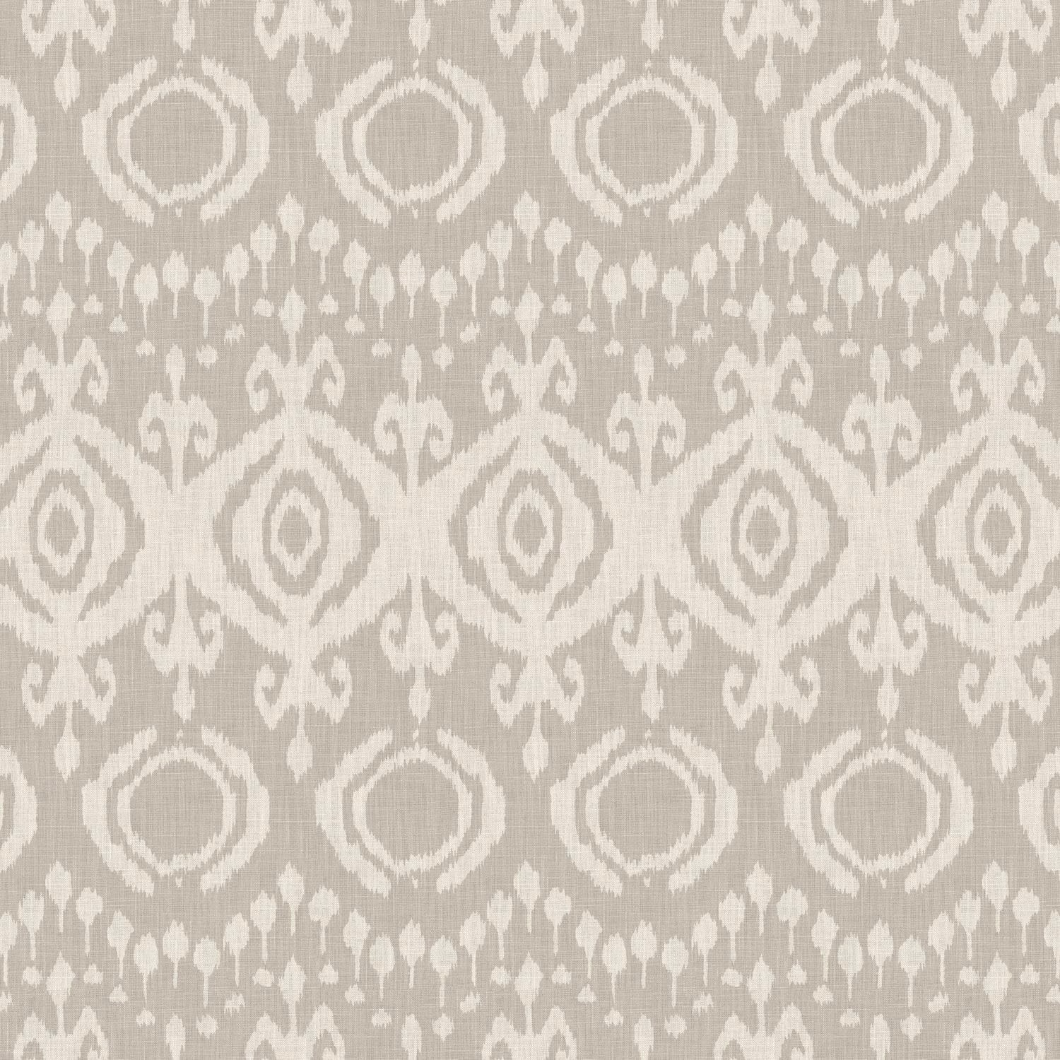 Greige woven canvas with ivory ikat diamonds, medallions and delicate vertical motifs
