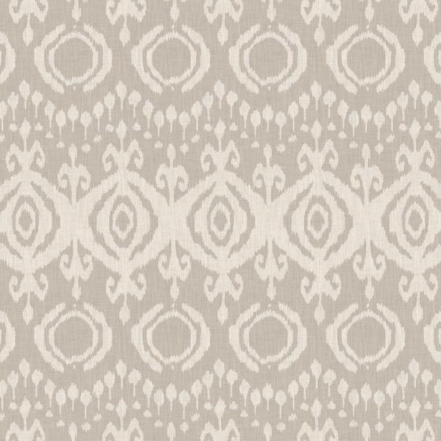 Greige woven canvas with ivory ikat diamonds, medallions and delicate vertical motifs