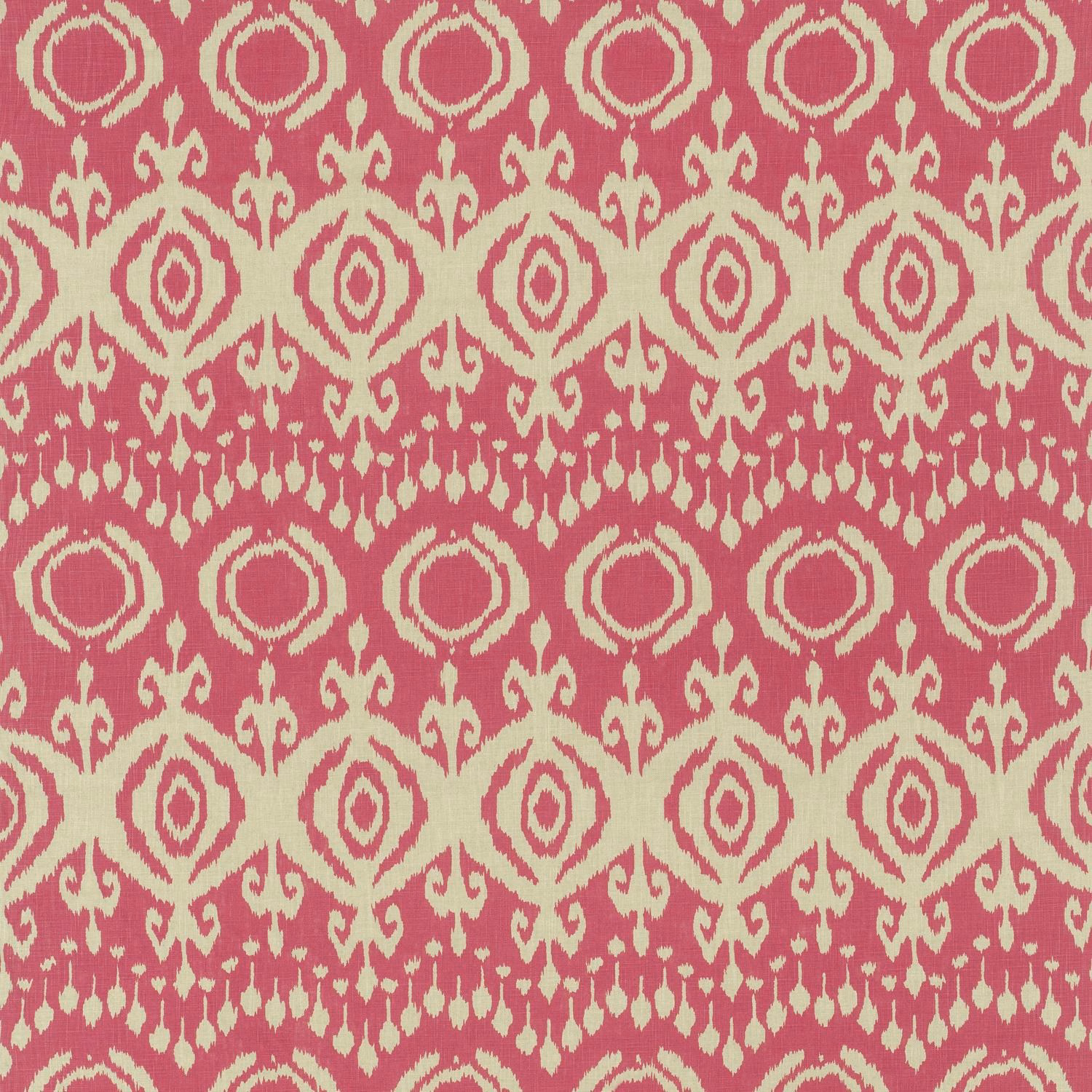 Raspberry pink and cream woven medallion fabric with scrolling geometric bands
