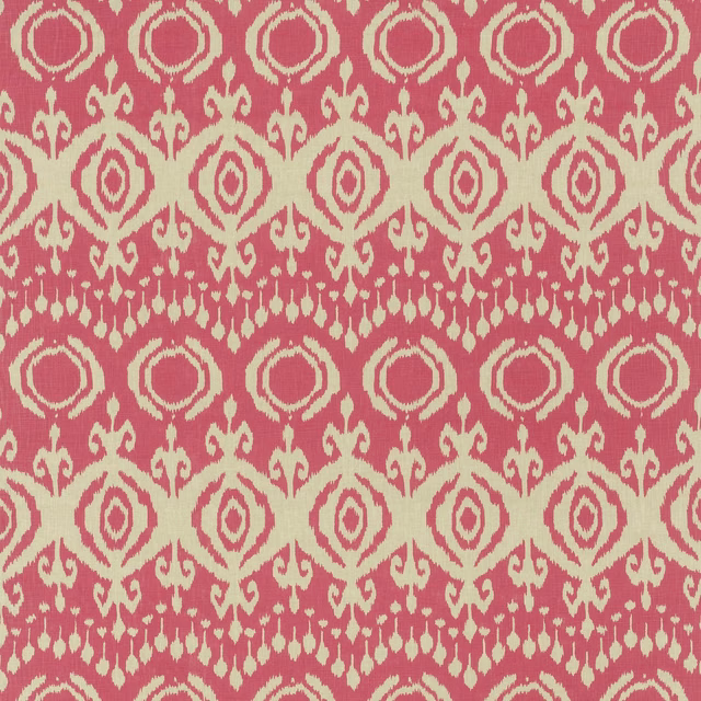 Raspberry pink and cream woven medallion fabric with scrolling geometric bands