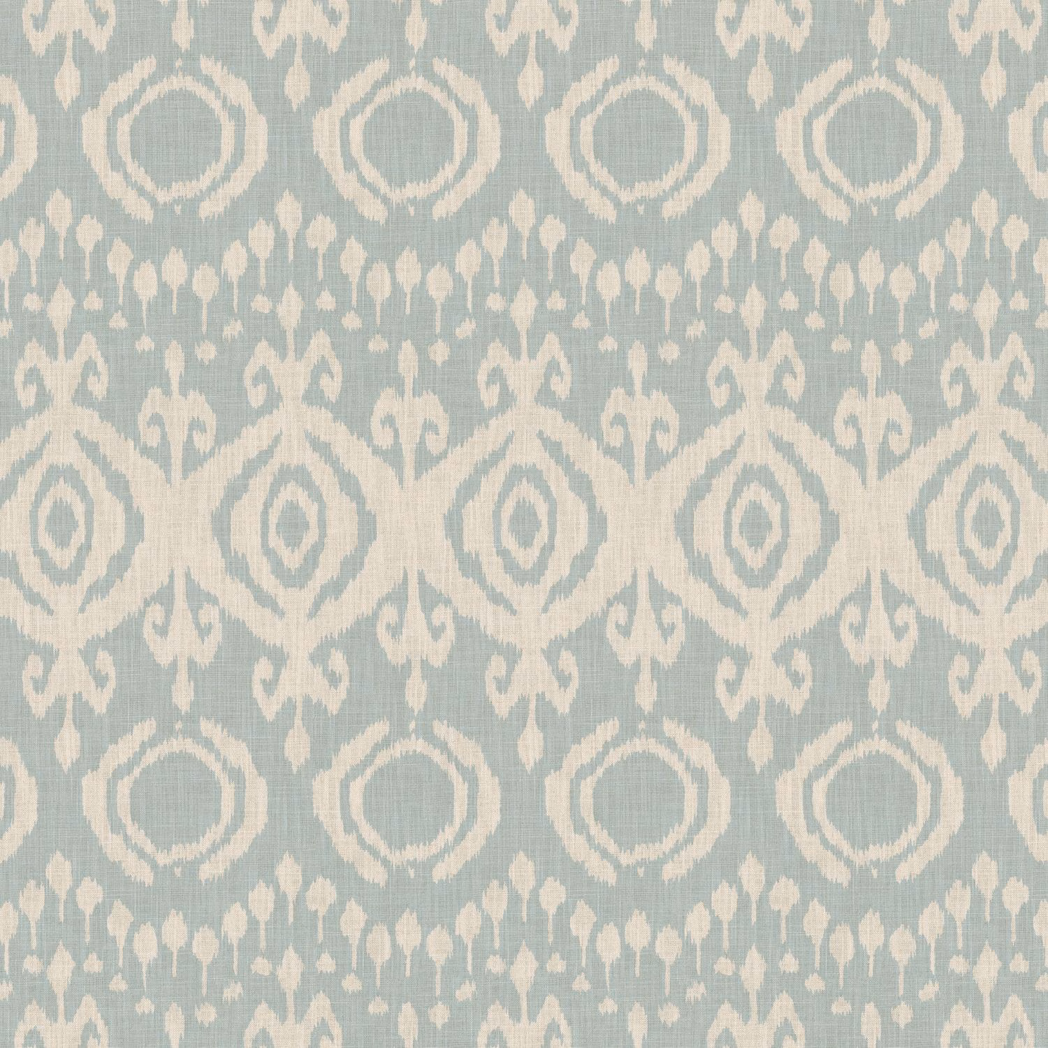Powder-blue woven fabric with ivory geometric medallions and scrolling motifs