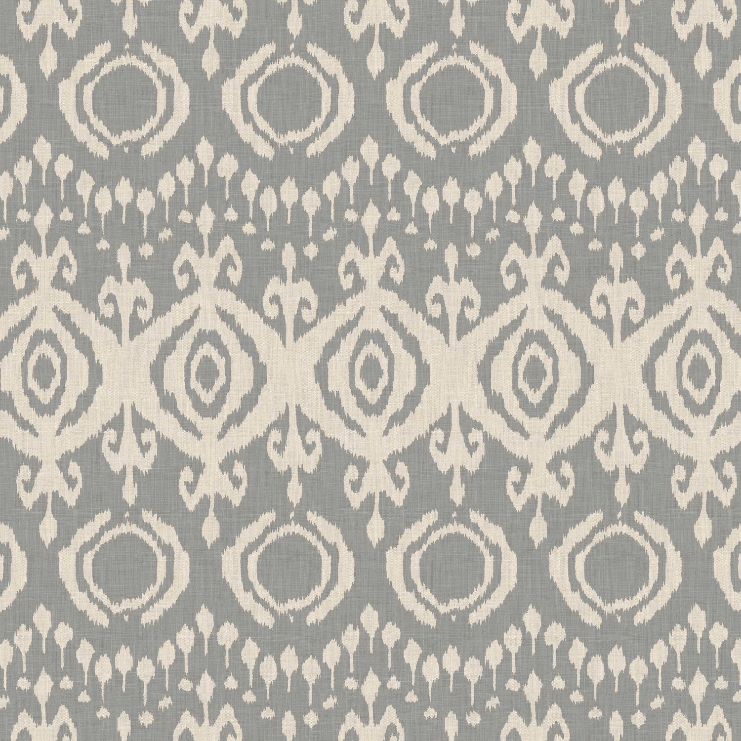 Cool storm-grey textile with ivory ikat-style medallions, diamonds and scrolling woven motifs