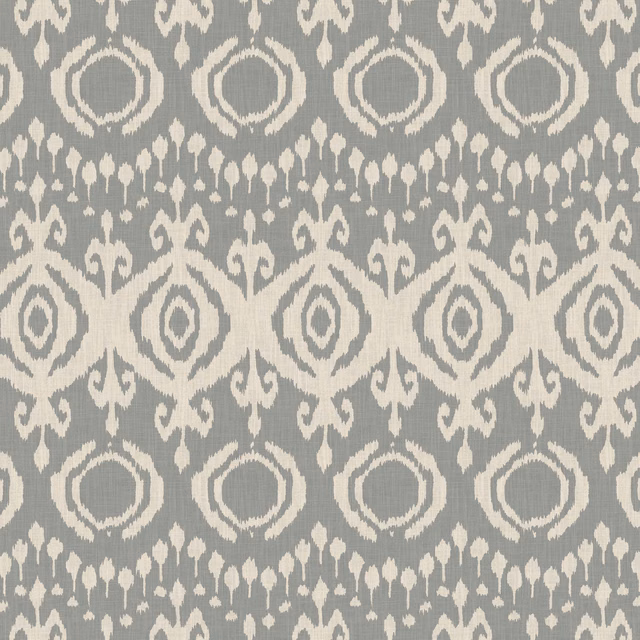 Cool storm-grey textile with ivory ikat-style medallions, diamonds and scrolling woven motifs