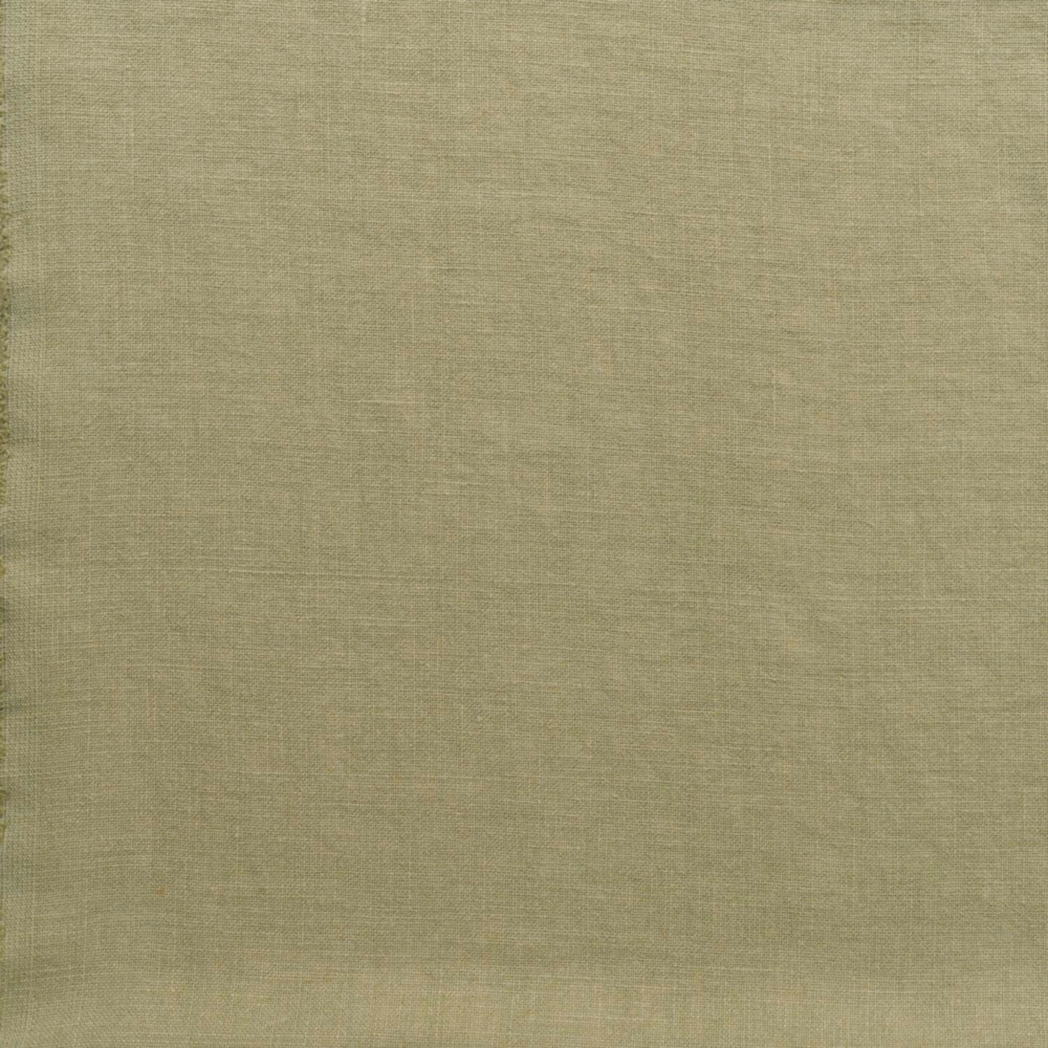 Close view of muted fennel-green plain weave with softly weathered linen texture