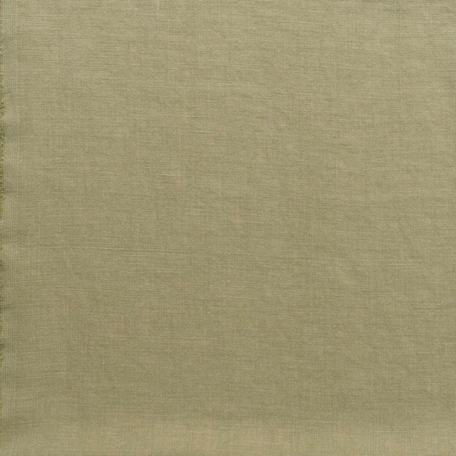 Close view of muted fennel-green plain weave with softly weathered linen texture