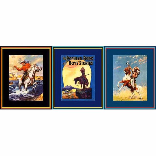 Three framed Western storybook scenes in navy, teal, black and ochre