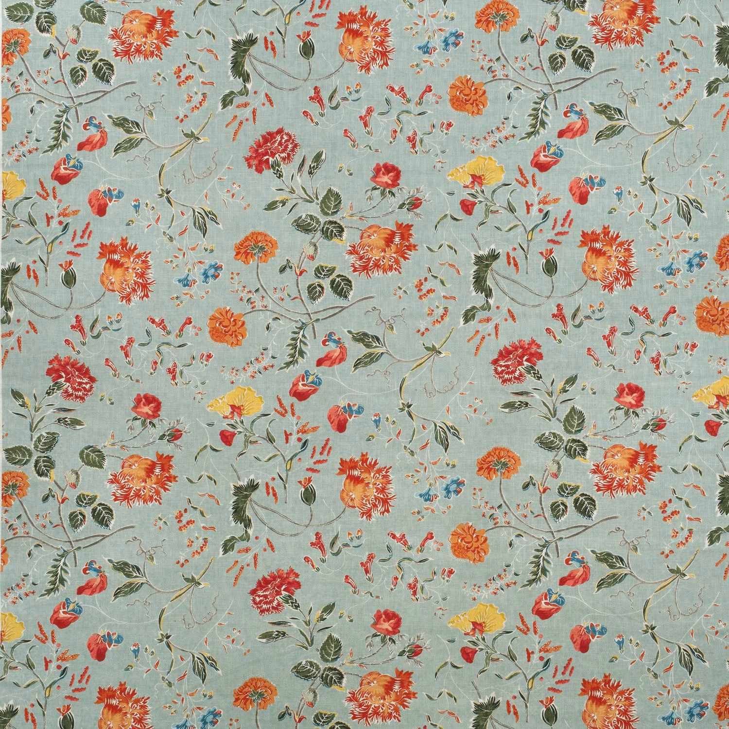 Duck egg blue floral print with coral blooms, olive leaves and trailing stems