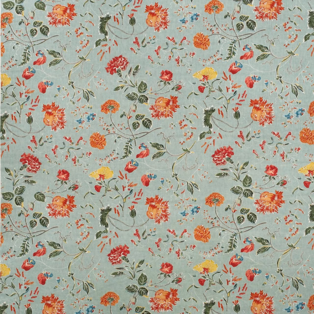 Duck egg blue floral print with coral blooms, olive leaves and trailing stems
